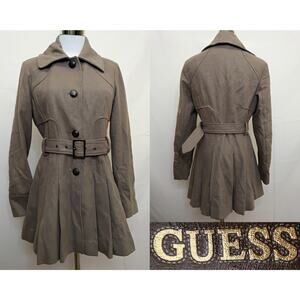 Guess Pea Coat Women's M Taupe Wool Blend Belted Y2K Lined Pleated #Z5247